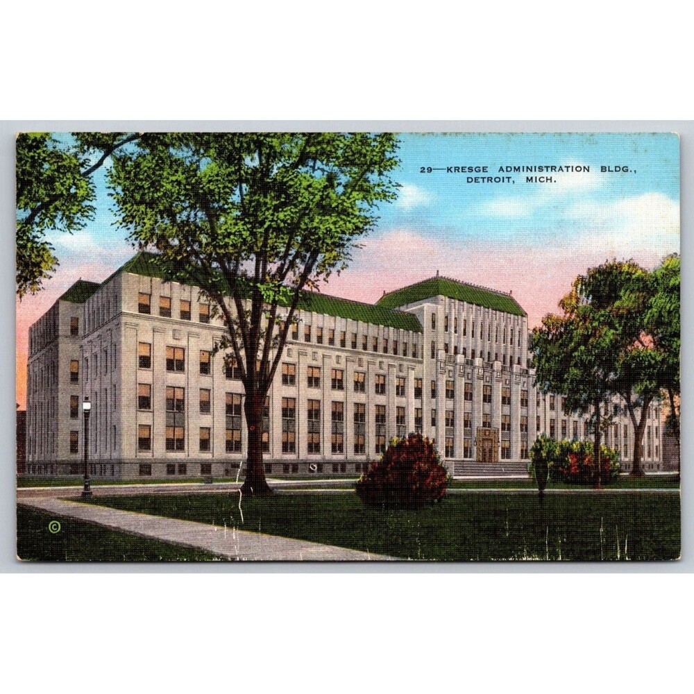 Vintage 1940s Linen Postcard Kresge Administration Bldg Detroit Michigan MI Kahn